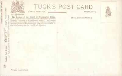 Yeomen of the Guard w Westminsterskiej Abbadii — Tuck & Sons, n° 9221 — Rewers