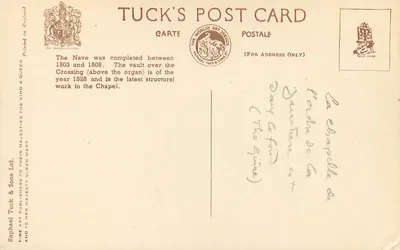 A Nef vista do Oeste — Capela de São Jorge, Windsor — Tuck & Sons Ltd. — Verso