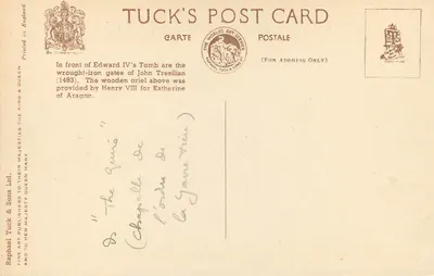Grób Edwarda IV i oriel Henryka VIII — Katedra Świętego Jerzego, Windsor — Tuck's Post Card — Rewers