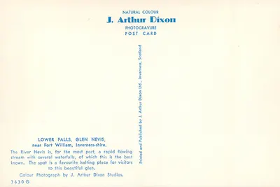 Lower Falls, Glen Nevis — perto de Fort William, Inverness-shire — J. Arthur Dixon — Verso
