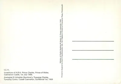 Investidura de S.A.R. o Príncipe Carlos, Príncipe de Gales — Castelo de Caernarvon, 1º de julho de 1969 — Ministry of Public Building & Works — Verso