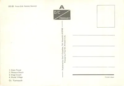 Great Yarmouth — Oasis Tower, Pleasure Beach, Stage Coach, Model Village — D/C Product — Verso