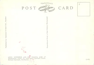 Loch Rannoch — imponujący szczyt Schiehallion (3.547 ft.) — seria Valentine's Scots Pictorial, E.492 — Rewers
