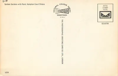 Jardins Souterrains avec Etang, Palais de Hampton Court — seria Natural Colour, wydawca The Photographic Greeting Card Co. Ltd., Londyn, nr CC16795 — Rewers
