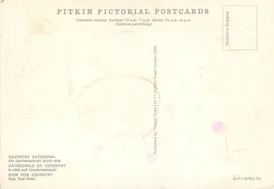 Catedral de Coventry — lado sul — editor Pitkin Pictorial Postcards, série Co11/67R2/10 — Verso