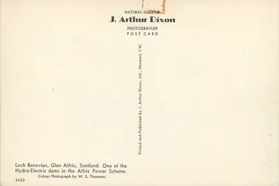 Loch Benevian, Glen Affric, Szkocja — elektrownia wodna w układzie energetycznym Affric — J. Arthur Dixon, n°3420 — Rewers