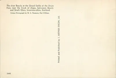 Rzeka Beauly w Grand Défilé du Druim Pass — między Crask d'Aigas a Strath Glass, Szkocja — fotografia W. S. Thomson, Fort William, n° 3490 — Rewers