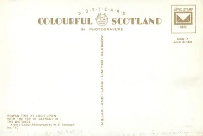 Rowan Time em Loch Leven — com o PAP de Glencoe no fundo — Millar and Lang Postcard Limited, série nacional, n° 110 — Verso