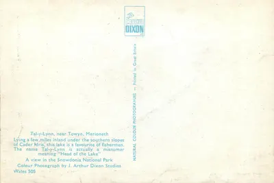 Tal-y-Lynn — jezioro w górach, blisko Towyn, Merioneth — J. Arthur Dixon, seria Wales 505 — Rewers