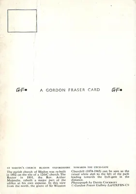 Igreja de St Martin's Bladon — vista em direção à lych-gate — Gordon Fraser Card — Verso