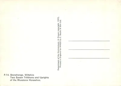 Stonehenge, Wiltshire — Dwa trilithony i łuk z kamienia niebieskiego — seria P.14, wydawca E. Baylis & Son Ltd. — Rewers