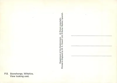 Stonehenge, Wiltshire — widok zorientowany na wschód — wydawca W. S. Cowell Ltd. — Rewers