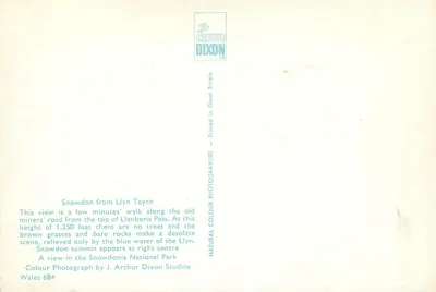 Snowdon z Llyn Teyrn — widok z jeziora — J. Arthur Dixon Ltd, seria 684 — Rewers