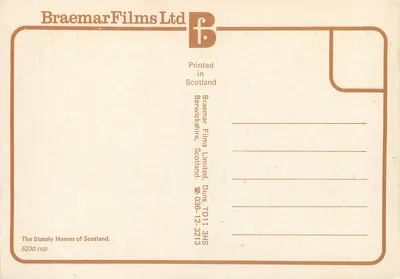 Nobleskie rezydencje w Szkocji — ilustrowana kartka pocztowa z ośmioma zamekami i mapą Szkocji — Braemar Films Ltd — Rewers