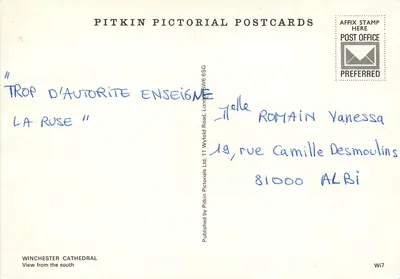 Katedra w Winchesterze — Widok z południa — Pitkin Pictorial Postcards — Rewers