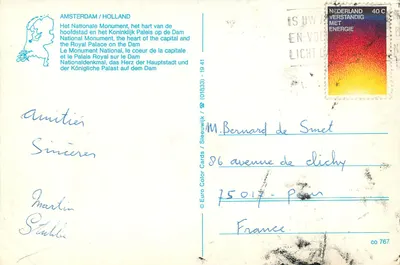 Amsterdã / Holanda — O Monumento Nacional e o Palácio Real no Dam — Euro Color Cards, n° 767 — Verso