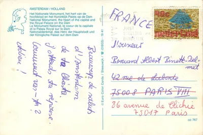 Amsterdam / Holanda — O Monumento Nacional e o Palácio Real no Dam — Euro Color Cards / (01833) / n° 767 — Verso