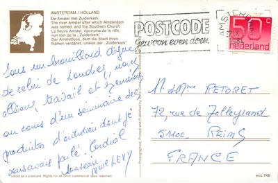 Amsterdam — vista do canal com a Zuiderkerk — Ero Color Cards, n° ecc 748 — Verso