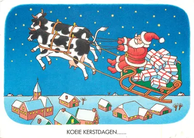 Santa Claus e duas vacas puxando um trenó — KOEIE KERSTDAGEN — Erno Tromp, BIRI Publications B.V.