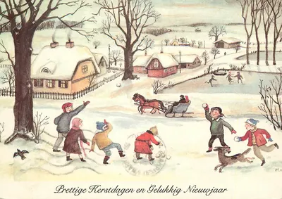 Crianças brincando na neve — aldeia invernal — M.K. (assinado) — Holandês