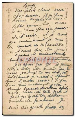 Kobieta na łodzi na jeziorze — krajobraz z żółtymi kwiatami — wydawca C. Kräbs, n° 6068 — Rewers