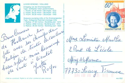 Driemanspolder — Moinho de vento octogonal — Editor Euro Color Cards, n° (01833) — Verso