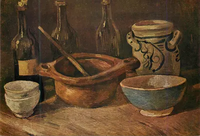 Trois bouteilles, bassin en terre cuite et bols — Vincent van Gogh 1885 — Van Gogh Museum Amsterdam