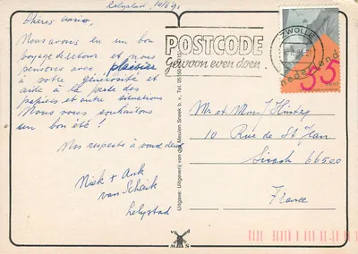 Flevoland — carta postal turística ilustrada — Uitgave: Uitgeverij van de Meulen Sneek b.v. — Verso