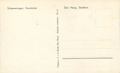 Scheveningen, Vuurtooren — Den Haag, Stadhuis — J. v. d. Hoek, No. 11 — Verso