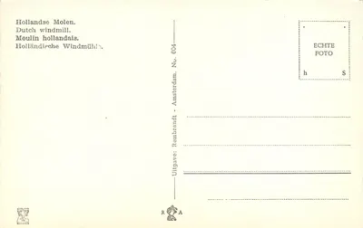 Moinho holandês — editor Rambrandt, Amsterdam, n° 604 — Verso