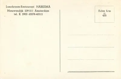Restauracja Harkema — Amsterdam — wydawca nieznany, numer seryjny 455 — Rewers