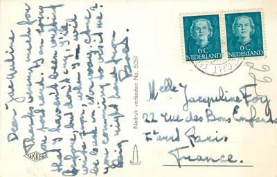 Damrak, Amsterdam — widok ulicy z tramwajem — wydawca TAKKEN, nr 5059 — Rewers