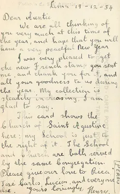 Igreja de São Agostinho — Lima — cartão postal datado 19-12-34 — Verso