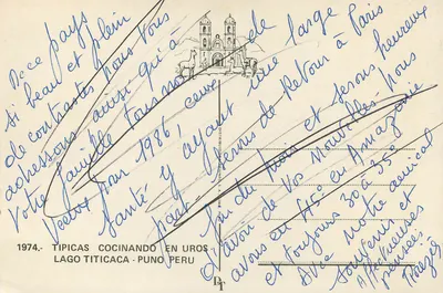 Mulheres uros cozinhando no Lago Titicaca — TIPICAS COCINANDO EN UROS — editor DT, número de série 1974 — Verso