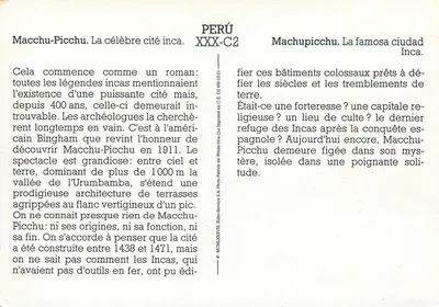 Macchu Picchu — cidade inca perdida — Éditions Patrick de Wilde, série XXX-C2 — Verso