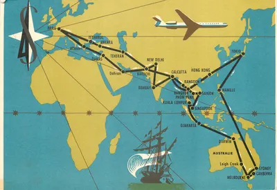 Carta postal ilustrando a volta pela Ásia e Oceânia da Caravelle — editor não visível, número de série ilegível