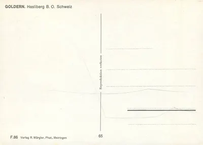 Goldern — zasnieżony wieś w szwajcarskich Alpach — Verlag R. Würgler, Fot. Meiringen, n° F.86 — Rewers