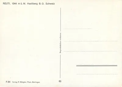 Reuti — 1044 m nad poziomem morza, Hasliberg, B.O. Szwajcaria — Wydawnictwo R. Würgler, Fot., Meiringen — Rewers
