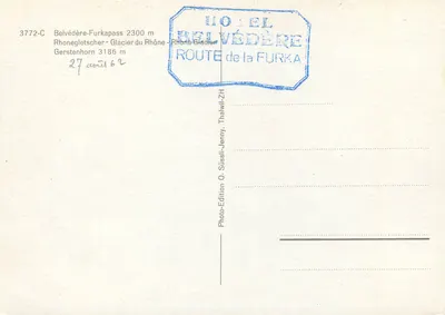 Belvédère-Furkapass — lodowiec Rhoń i Gerstenhorn — wydawnictwo O. Süssli, nr 3772-C — Rewers