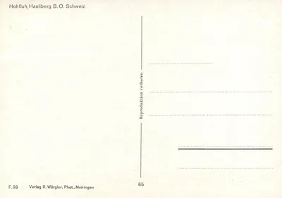 Hohfluh, Hasliberg B.O. Szwajcaria — zimowa widok z niewielkiej wysokości — Wydawnictwo R. Würgler, Fot. Meiringen, nr F.98 — Rewers