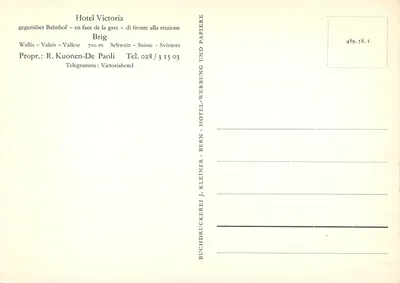 Hôtel Victoria — Brigue — wydawca J. Kleiner, Bern — Rewers