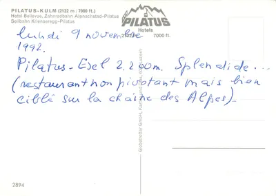 Pilatus-Kulm (2132 m / 7000 ft.) — Hotel Bellevue, Zahnradbahn Alpnachstad-Pilatus — wydawca Globetrotter GmbH, nr 2894 — Rewers
