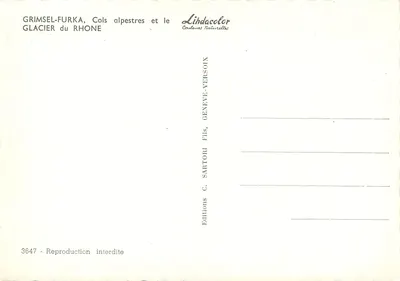 Grimselfurka, cols alpestres e o glaciar do Ródano — Lindacolor, Edições C. Sartori Fils, Genebra — Verso