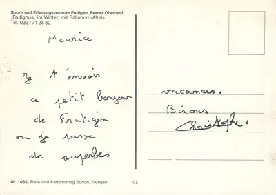 Sport- und Erholungszentrum Frutigen, Berner Oberland — "Frutighus" no inverno, com Balmhorn-Altels — Foto- und Kartenverlag Burlon, Nr. 1055 — Verso