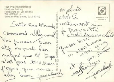 Pralong/Hérémente — Hotel Pralong, Restauracja Val-des-Dix — Airoffset S.A. n°25 C 57 — Rewers