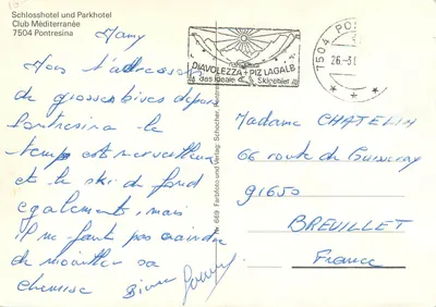 Schlosshotel und Parkhotel Club Méditerranée — Pontresina — editor Farbfoto und Verlag, n° 669 — Verso