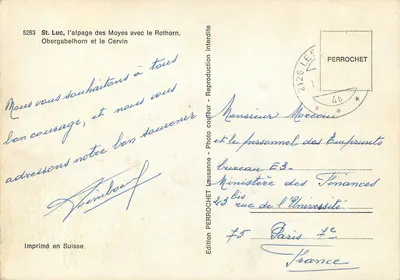 Święty Łukasz, alpejska ścieżka Moyes z Rothornem i Cervinem — wydawnictwo PERROCHET, nr 5283 — Rewers