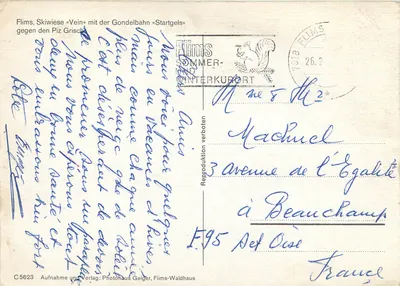Flims, Skiwiese «Vein» — com a gondelbahn «Startgels» contra o Piz Grisch — Photohaus Geiger, Flims-Waldhaus — Verso