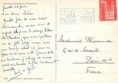 Zachód słońca nad jeziorem Thoune — Thun — Wydane w Szwajcarii, nr 7459 — Rewers