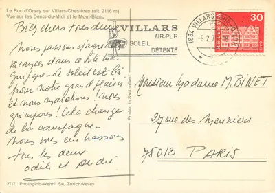 Le Roc d'Orsay sur Villars-Chesières (alt. 2116 m) — Vue sur les Dents-du-Midi et le Mont-Blanc — Photoglob-Wehrli SA, Zurich/Vevey — Verso